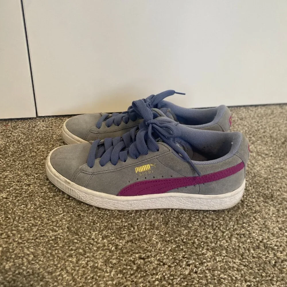 Puma Suede Grey Blue Purple‎ Sneakers Shoes School Kids Girls Youth Size 4 - Picture 6 of 8